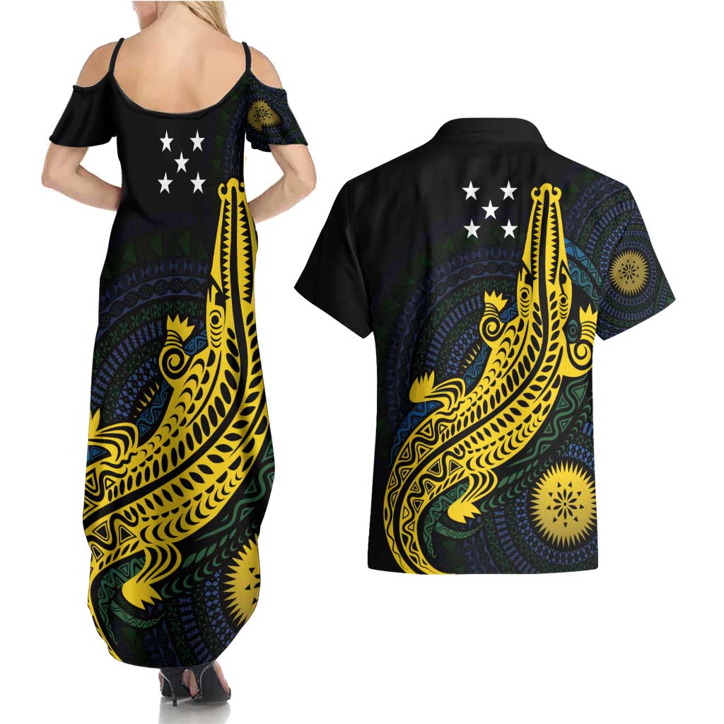 Personalized Solomon Islands Independence Anniversary Couples Matching Summer Maxi Dress and Hawaiian Shirt Crocodile Mix Tapa