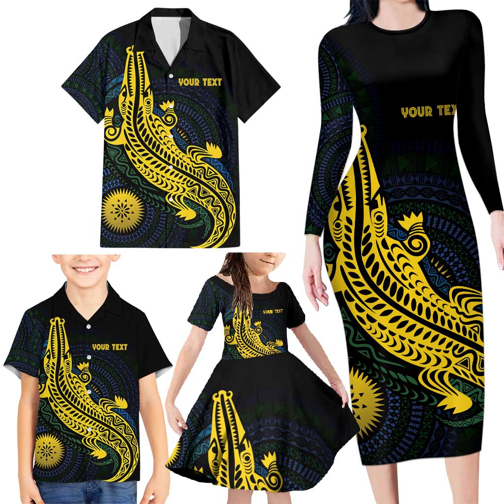 Personalized Solomon Islands Independence Anniversary Family Matching Long Sleeve Bodycon Dress and Hawaiian Shirt Crocodile Mix Tapa LT7 - Polynesian Pride