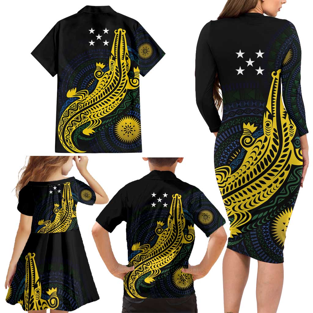 Personalized Solomon Islands Independence Anniversary Family Matching Long Sleeve Bodycon Dress and Hawaiian Shirt Crocodile Mix Tapa LT7 - Polynesian Pride