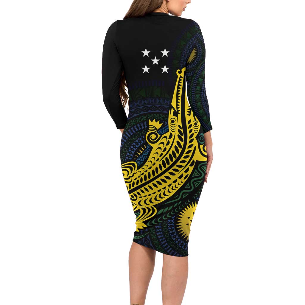 Personalized Solomon Islands Independence Anniversary Family Matching Long Sleeve Bodycon Dress and Hawaiian Shirt Crocodile Mix Tapa LT7 - Polynesian Pride