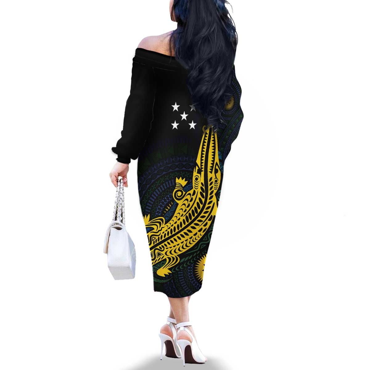 Personalized Solomon Islands Independence Anniversary Family Matching Off The Shoulder Long Sleeve Dress and Hawaiian Shirt Crocodile Mix Tapa LT7 - Polynesian Pride