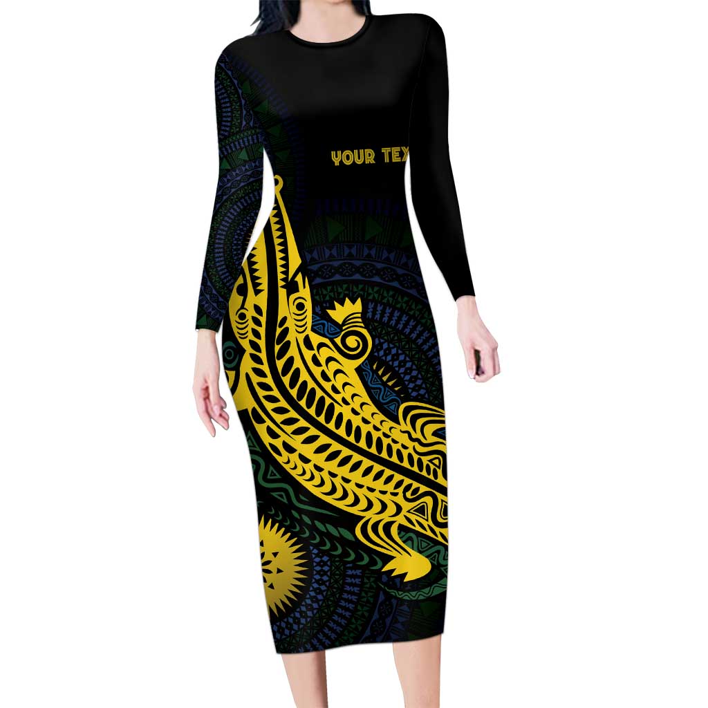 Personalized Solomon Islands Independence Anniversary Long Sleeve Bodycon Dress Crocodile Mix Tapa