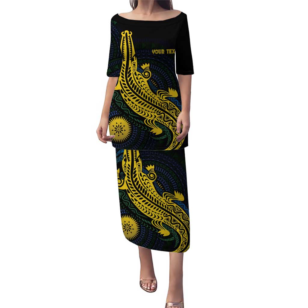 Personalized Solomon Islands Independence Anniversary Puletasi Crocodile Mix Tapa
