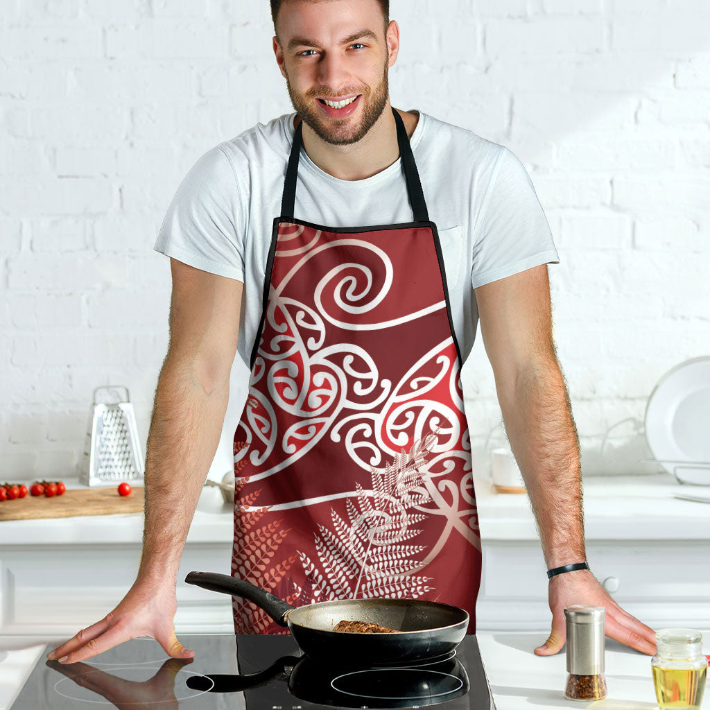 Aotearoa Maori Koru Curves Apron Silver Ferns - Crimson Red
