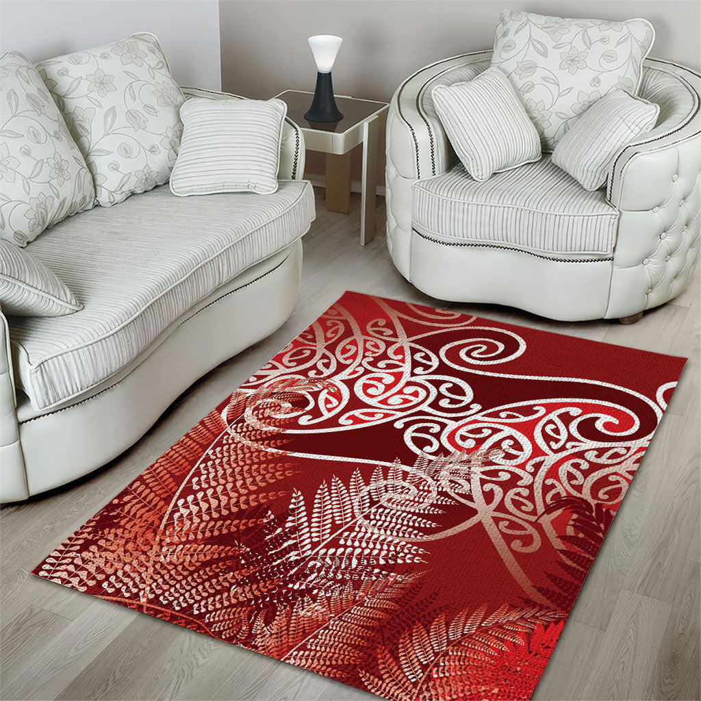 Aotearoa Maori Koru Curves Area Rug Silver Ferns - Crimson Red