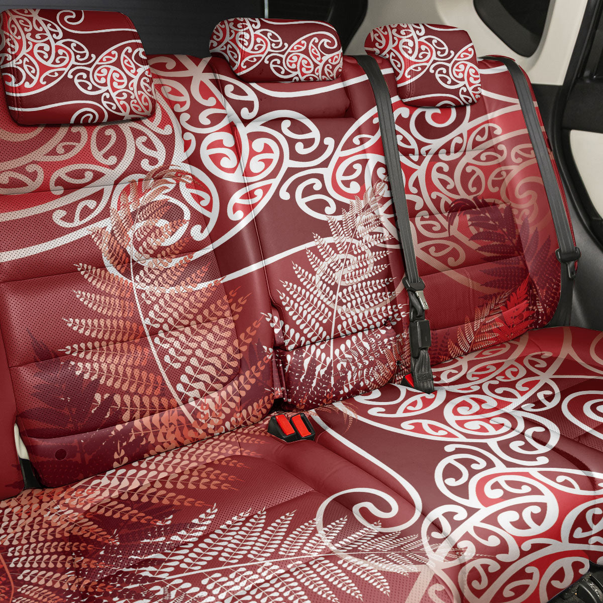 Aotearoa Maori Koru Curves Back Car Seat Cover Silver Ferns - Crimson Red