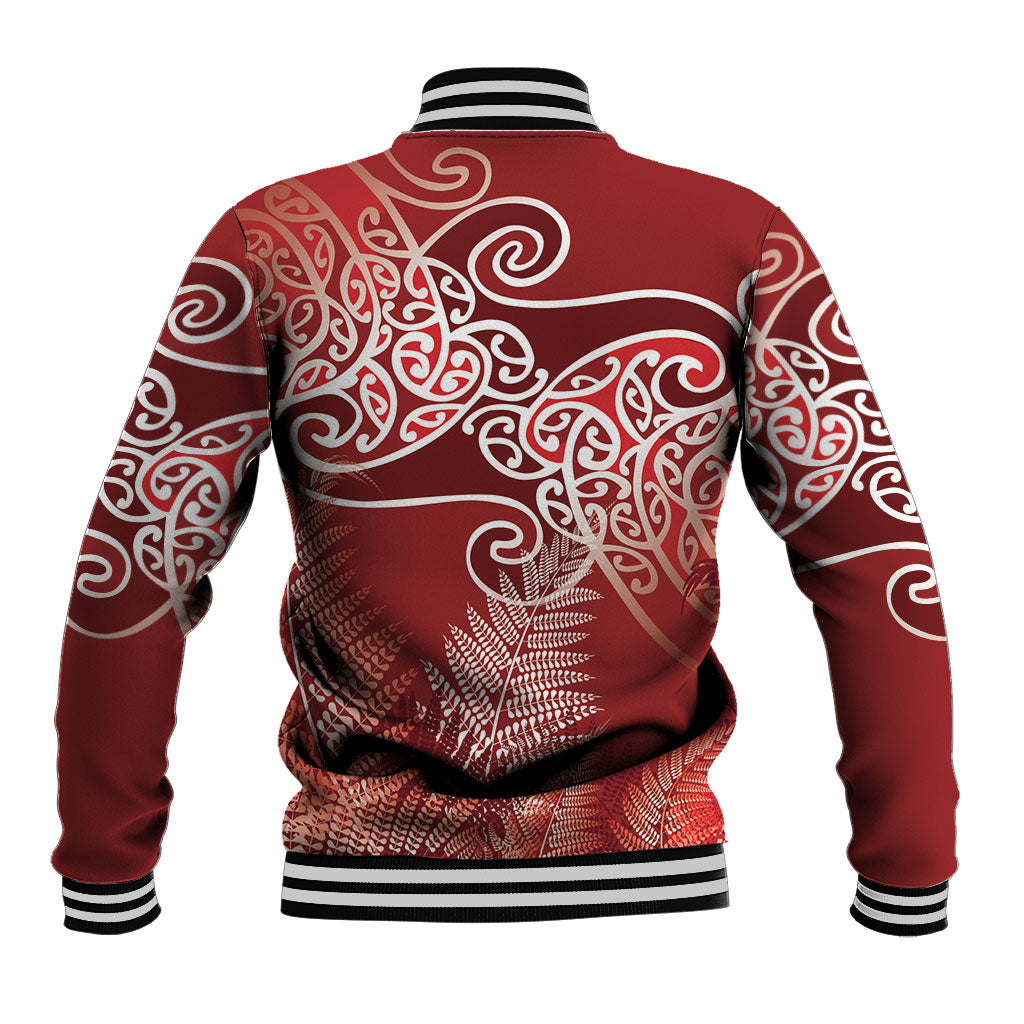 Aotearoa Maori Koru Curves Baseball Jacket Silver Ferns - Crimson Red