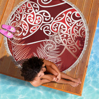 Aotearoa Maori Koru Curves Beach Blanket Silver Ferns - Crimson Red