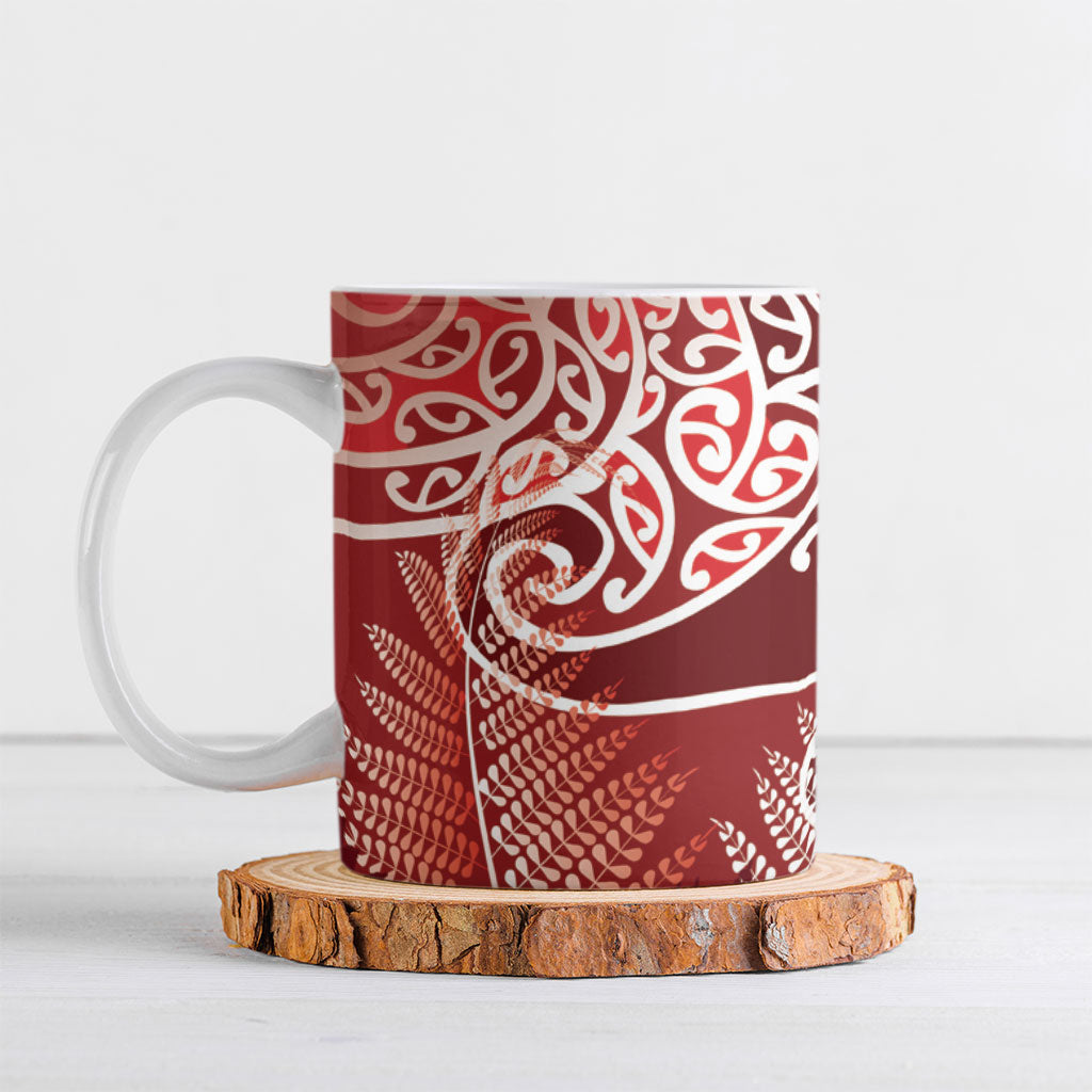 Aotearoa Maori Koru Curves Ceramic Mug Silver Ferns - Crimson Red