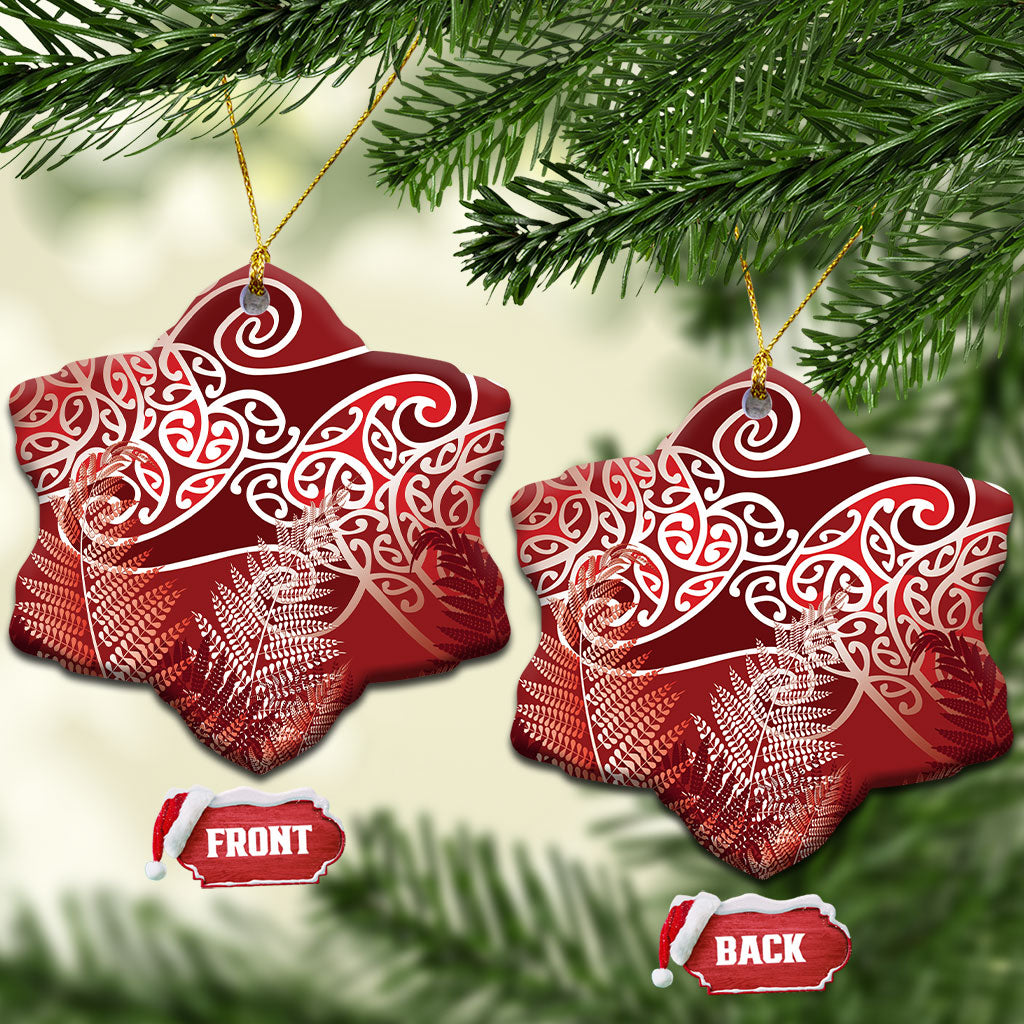 Aotearoa Maori Koru Curves Ceramic Ornament Silver Ferns - Crimson Red