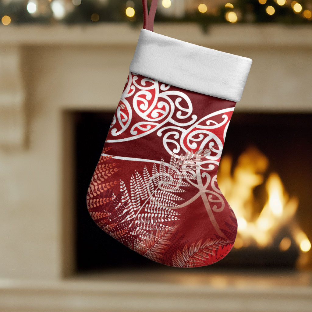 Aotearoa Maori Koru Curves Christmas Stocking Silver Ferns - Crimson Red LT7 Set of 2 Red - Polynesian Pride