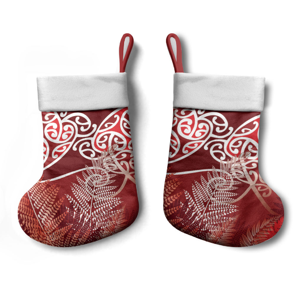 Aotearoa Maori Koru Curves Christmas Stocking Silver Ferns - Crimson Red LT7 - Polynesian Pride