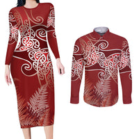 Aotearoa Maori Koru Curves Couples Matching Long Sleeve Bodycon Dress and Long Sleeve Button Shirt Silver Ferns - Crimson Red