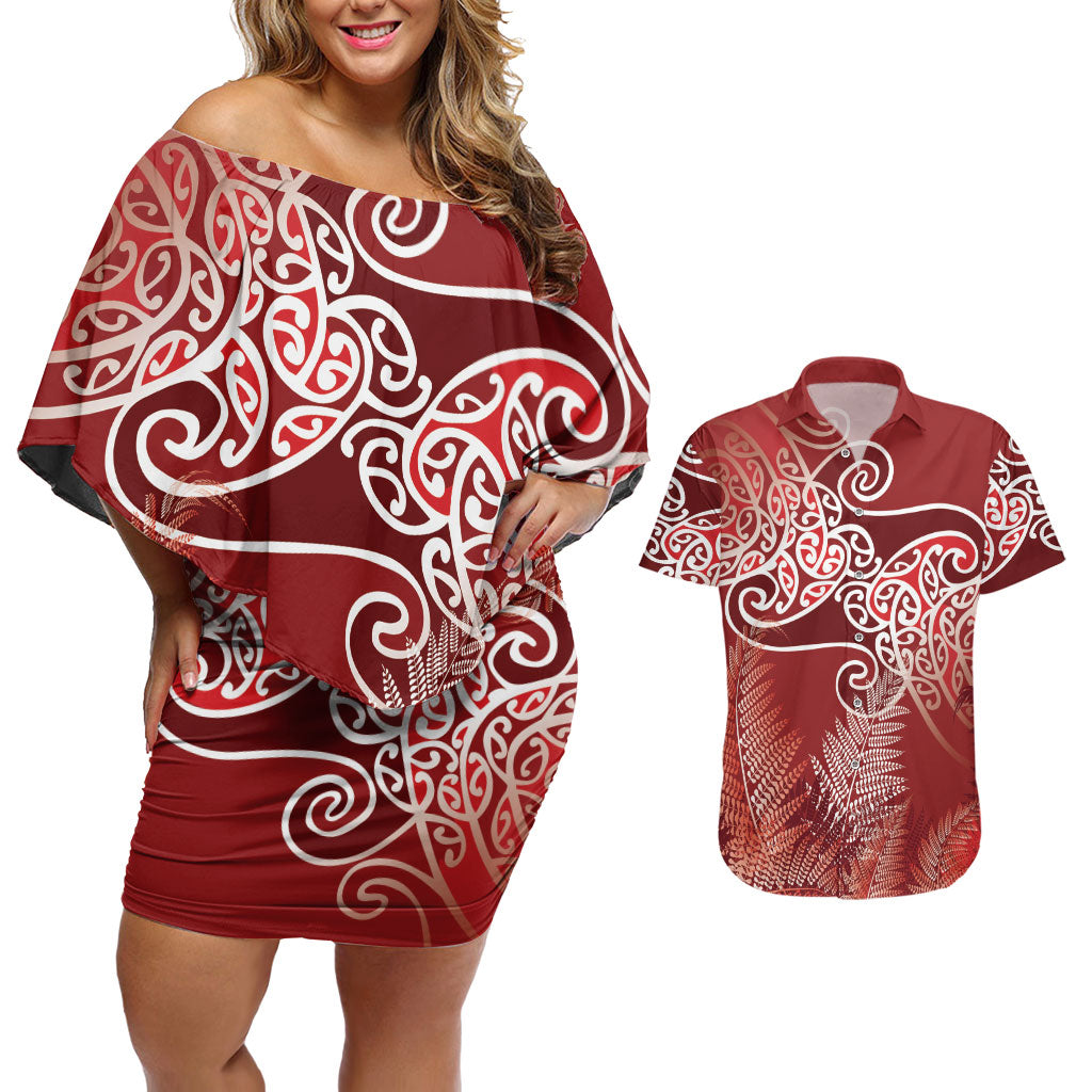 Aotearoa Maori Koru Curves Couples Matching Off Shoulder Short Dress and Hawaiian Shirt Silver Ferns - Crimson Red