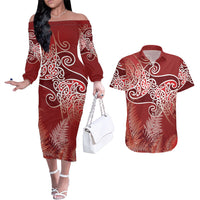 Aotearoa Maori Koru Curves Couples Matching Off The Shoulder Long Sleeve Dress and Hawaiian Shirt Silver Ferns - Crimson Red