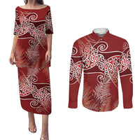 Aotearoa Maori Koru Curves Couples Matching Puletasi and Long Sleeve Button Shirt Silver Ferns - Crimson Red
