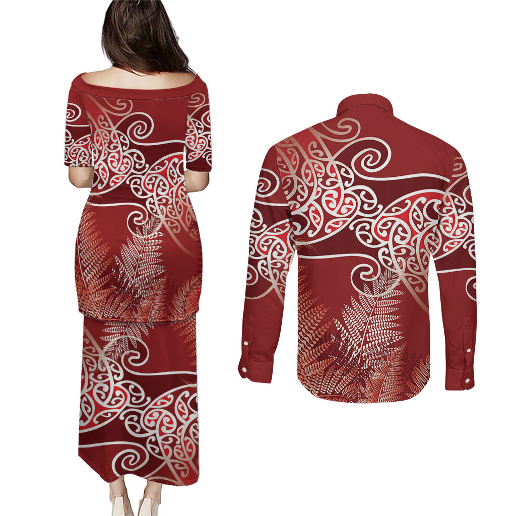 Aotearoa Maori Koru Curves Couples Matching Puletasi and Long Sleeve Button Shirt Silver Ferns - Crimson Red