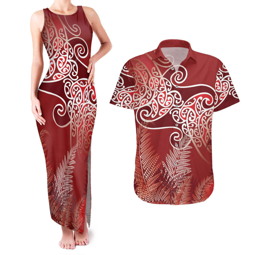 Aotearoa Maori Koru Curves Couples Matching Tank Maxi Dress and Hawaiian Shirt Silver Ferns - Crimson Red LT7 Red - Polynesian Pride