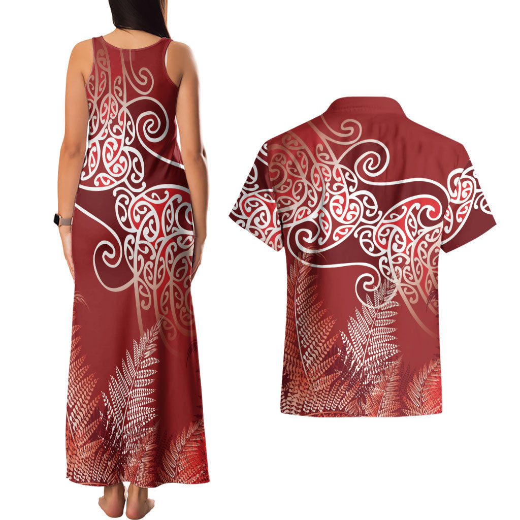 Aotearoa Maori Koru Curves Couples Matching Tank Maxi Dress and Hawaiian Shirt Silver Ferns - Crimson Red LT7 - Polynesian Pride