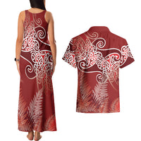 Aotearoa Maori Koru Curves Couples Matching Tank Maxi Dress and Hawaiian Shirt Silver Ferns - Crimson Red LT7 - Polynesian Pride