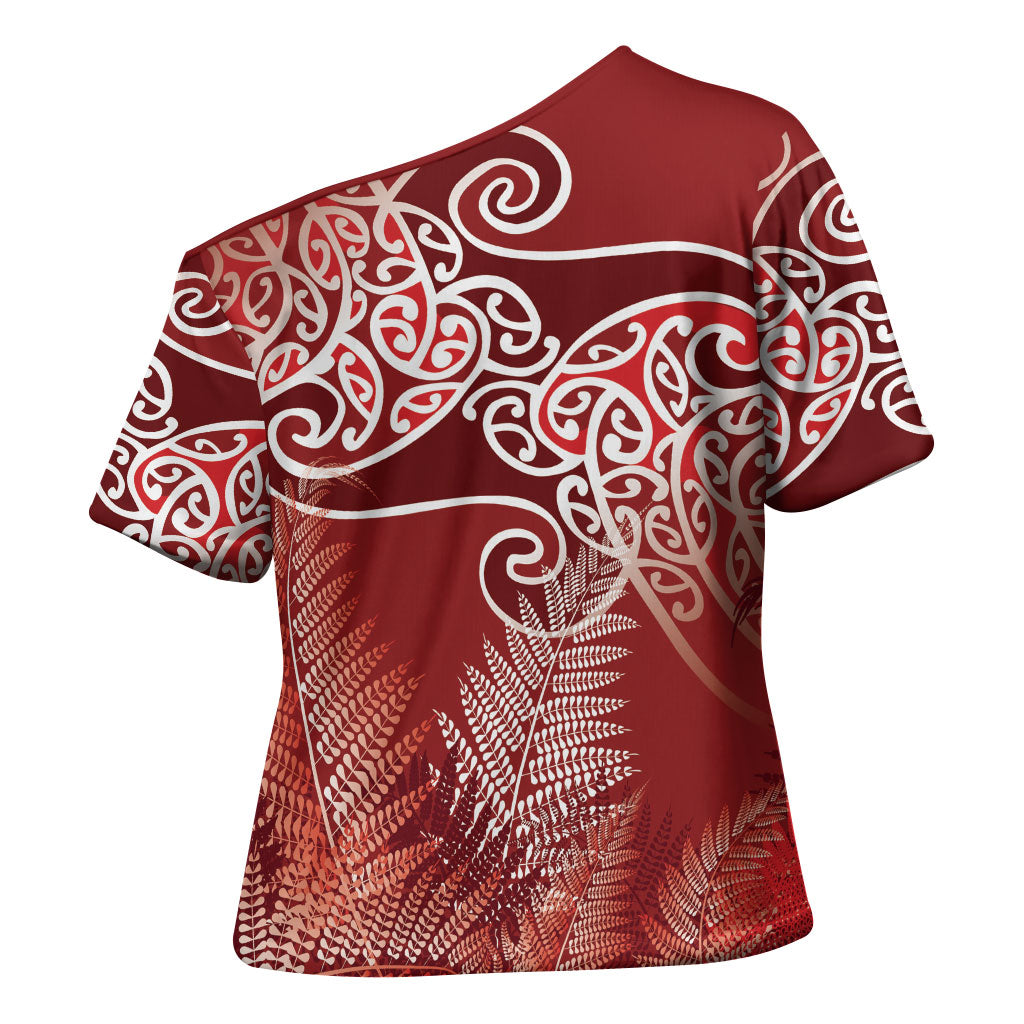 Aotearoa Maori Koru Curves Cross Shoulder Shirt Silver Ferns - Crimson Red