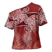 Aotearoa Maori Koru Curves Cross Shoulder Shirt Silver Ferns - Crimson Red