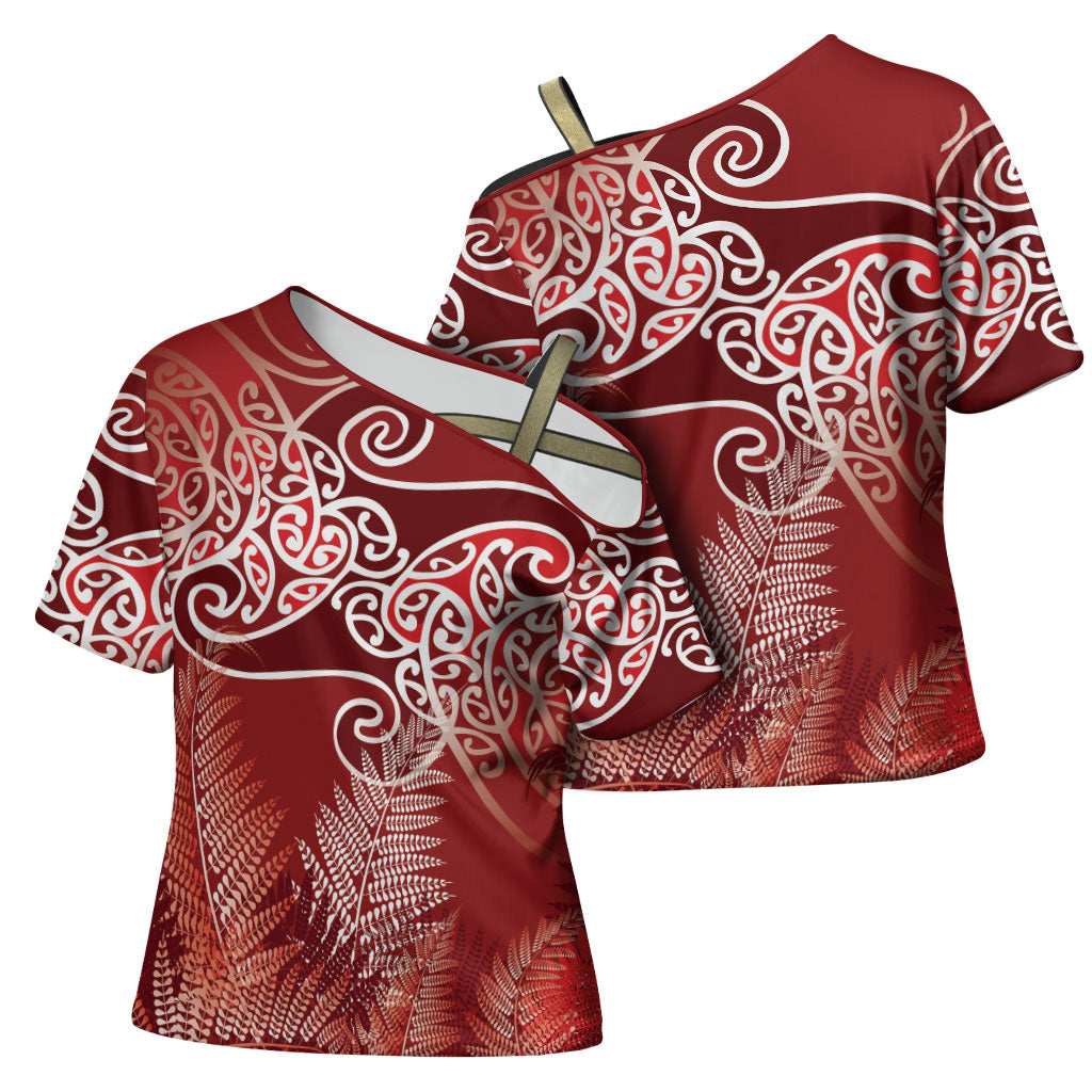 Aotearoa Maori Koru Curves Cross Shoulder Shirt Silver Ferns - Crimson Red