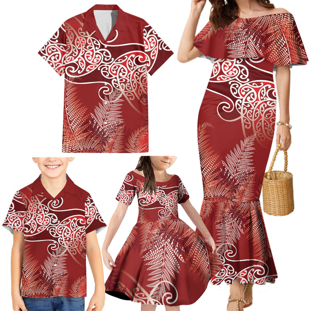 Aotearoa Maori Koru Curves Family Matching Mermaid Dress and Hawaiian Shirt Silver Ferns - Crimson Red LT7 - Polynesian Pride