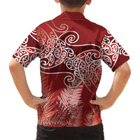 Aotearoa Maori Koru Curves Family Matching Off The Shoulder Long Sleeve Dress and Hawaiian Shirt Silver Ferns - Crimson Red LT7 - Polynesian Pride