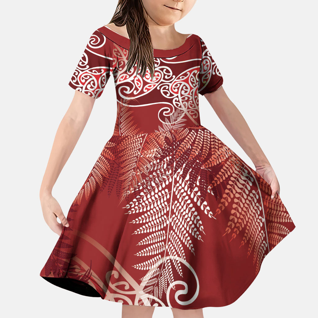 Aotearoa Maori Koru Curves Family Matching Off The Shoulder Long Sleeve Dress and Hawaiian Shirt Silver Ferns - Crimson Red LT7 Daughter's Dress Red - Polynesian Pride