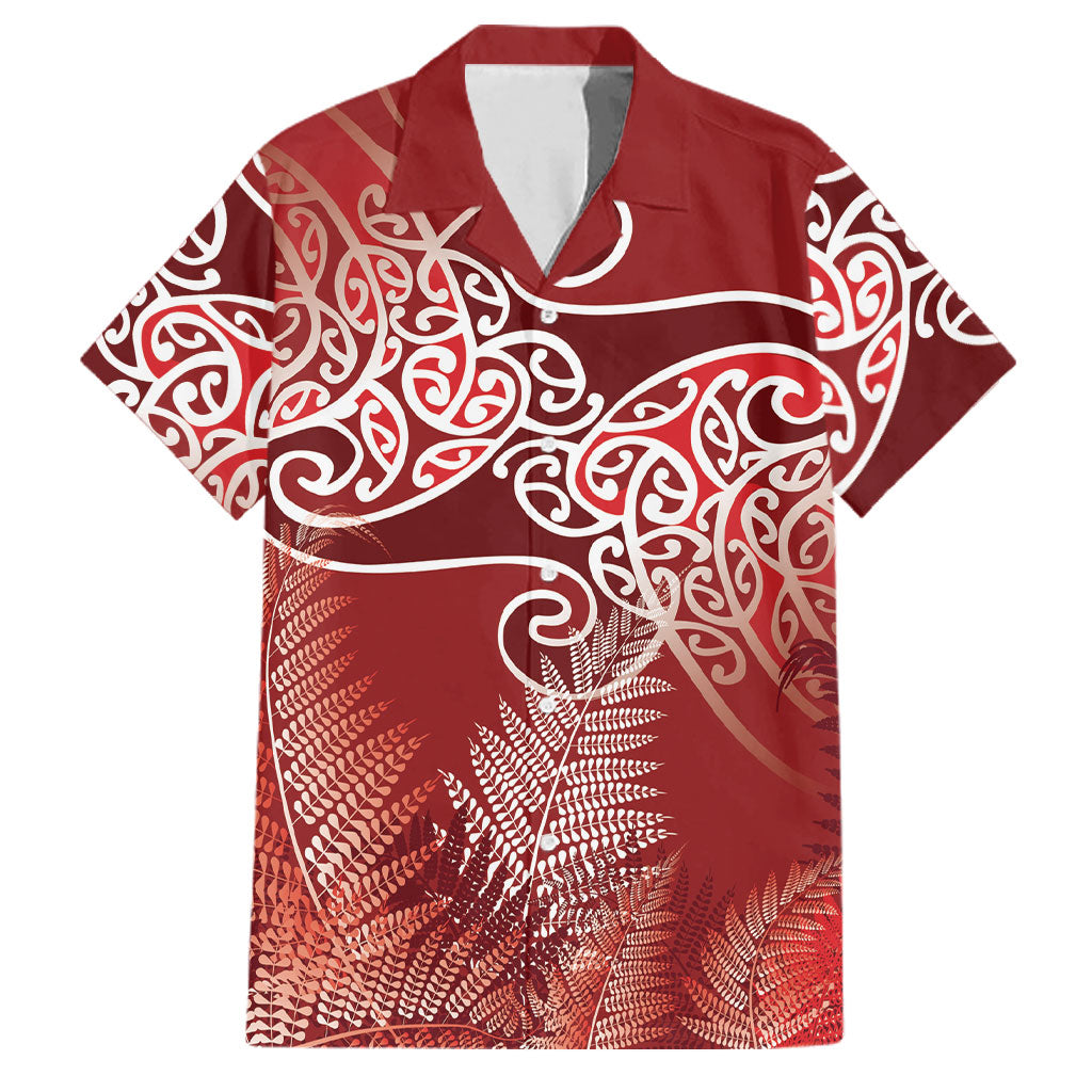 Aotearoa Maori Koru Curves Family Matching Off The Shoulder Long Sleeve Dress and Hawaiian Shirt Silver Ferns - Crimson Red LT7 Dad's Shirt - Short Sleeve Red - Polynesian Pride