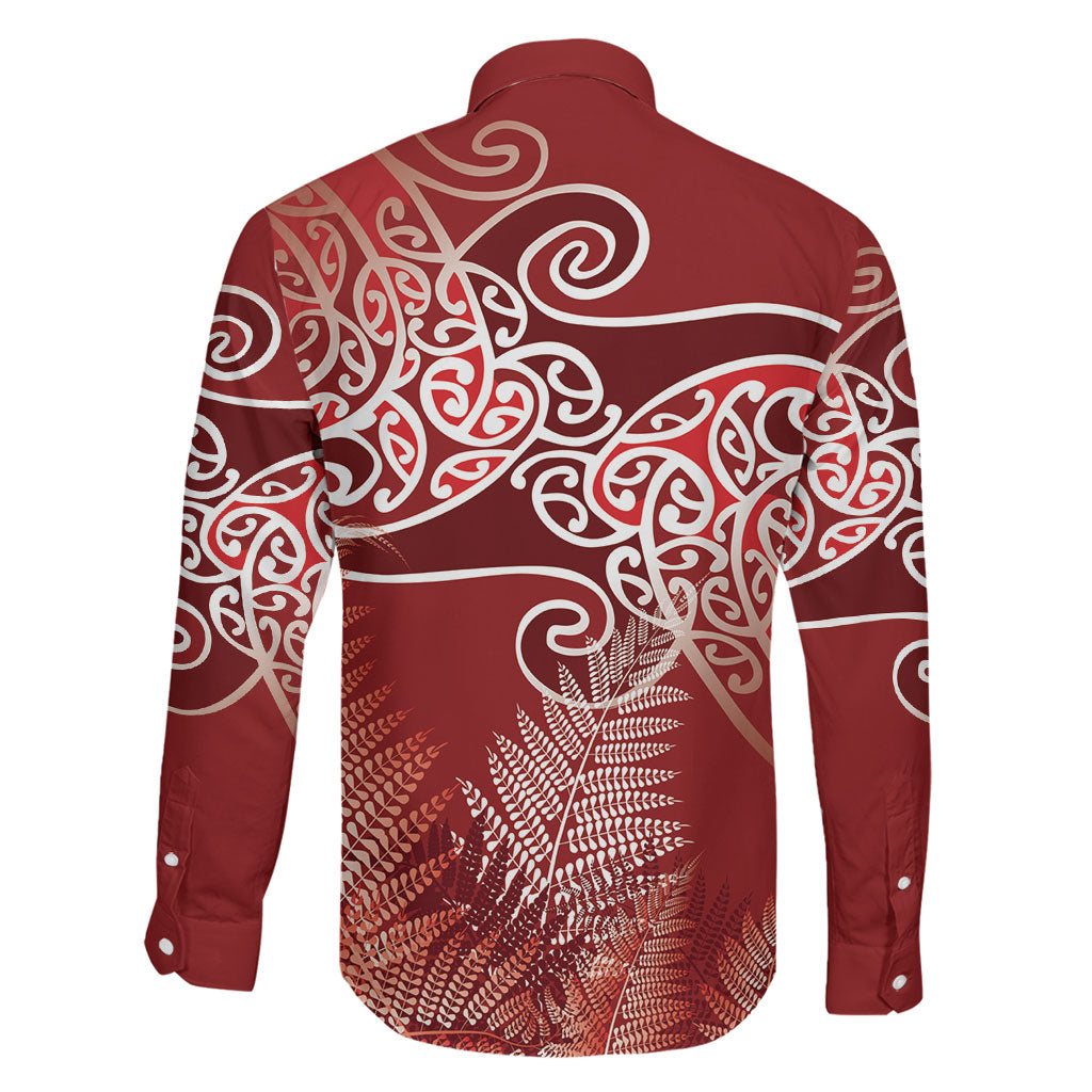 Aotearoa Maori Koru Curves Family Matching Off The Shoulder Long Sleeve Dress and Hawaiian Shirt Silver Ferns - Crimson Red LT7 - Polynesian Pride