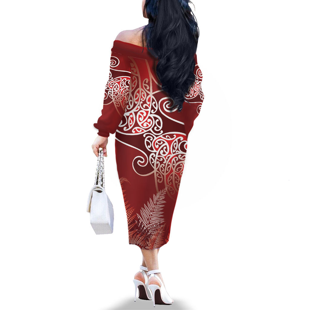 Aotearoa Maori Koru Curves Family Matching Off The Shoulder Long Sleeve Dress and Hawaiian Shirt Silver Ferns - Crimson Red LT7 - Polynesian Pride