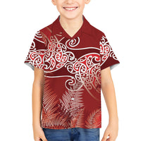 Aotearoa Maori Koru Curves Family Matching Off Shoulder Maxi Dress and Hawaiian Shirt Silver Ferns - Crimson Red LT7 Son's Shirt Red - Polynesian Pride