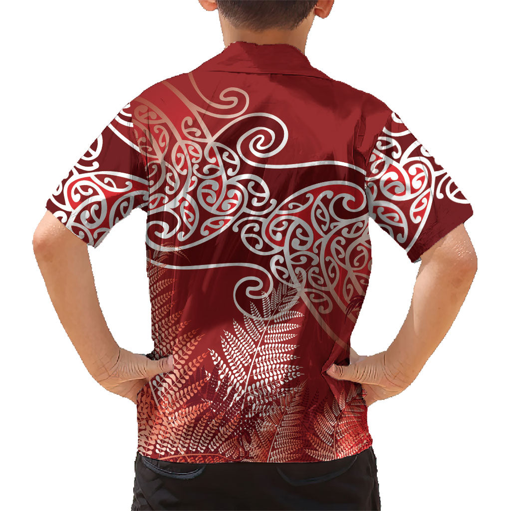 Aotearoa Maori Koru Curves Family Matching Off Shoulder Short Dress and Hawaiian Shirt Silver Ferns - Crimson Red LT7 - Polynesian Pride