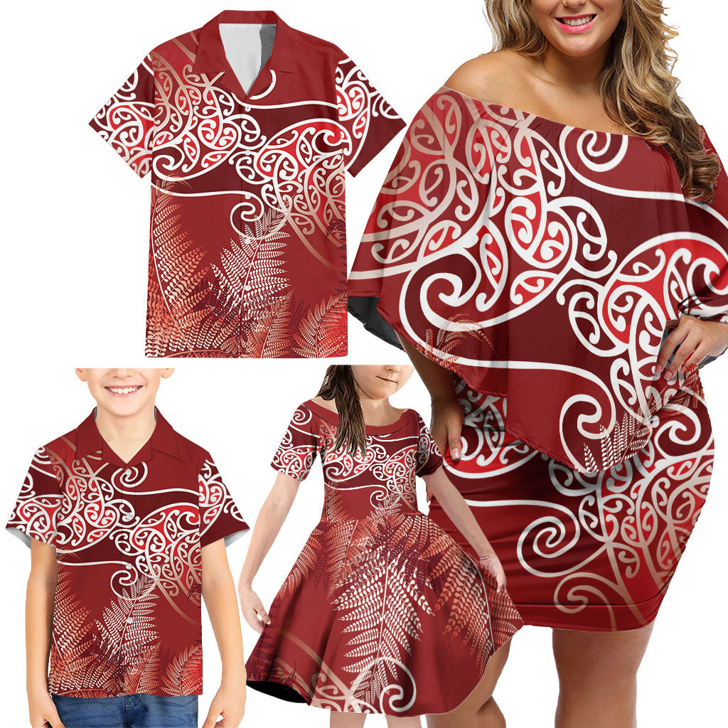 Aotearoa Maori Koru Curves Family Matching Off Shoulder Short Dress and Hawaiian Shirt Silver Ferns - Crimson Red LT7 - Polynesian Pride