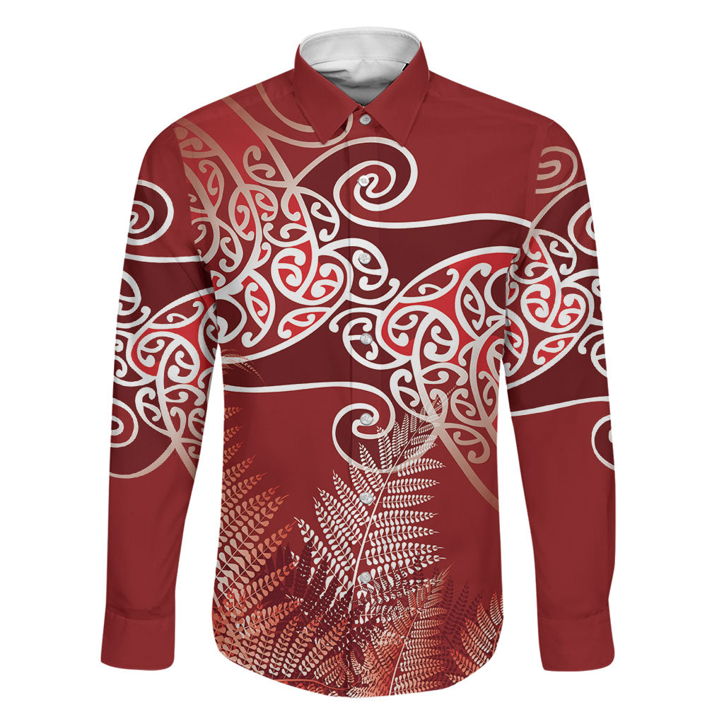 Aotearoa Maori Koru Curves Family Matching Off Shoulder Short Dress and Hawaiian Shirt Silver Ferns - Crimson Red LT7 Dad's Shirt - Long Sleeve Red - Polynesian Pride