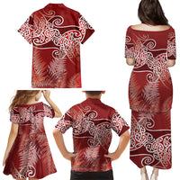 Aotearoa Maori Koru Curves Family Matching Puletasi and Hawaiian Shirt Silver Ferns - Crimson Red