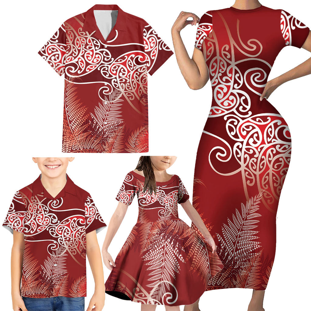 Aotearoa Maori Koru Curves Family Matching Short Sleeve Bodycon Dress and Hawaiian Shirt Silver Ferns - Crimson Red LT7 - Polynesian Pride