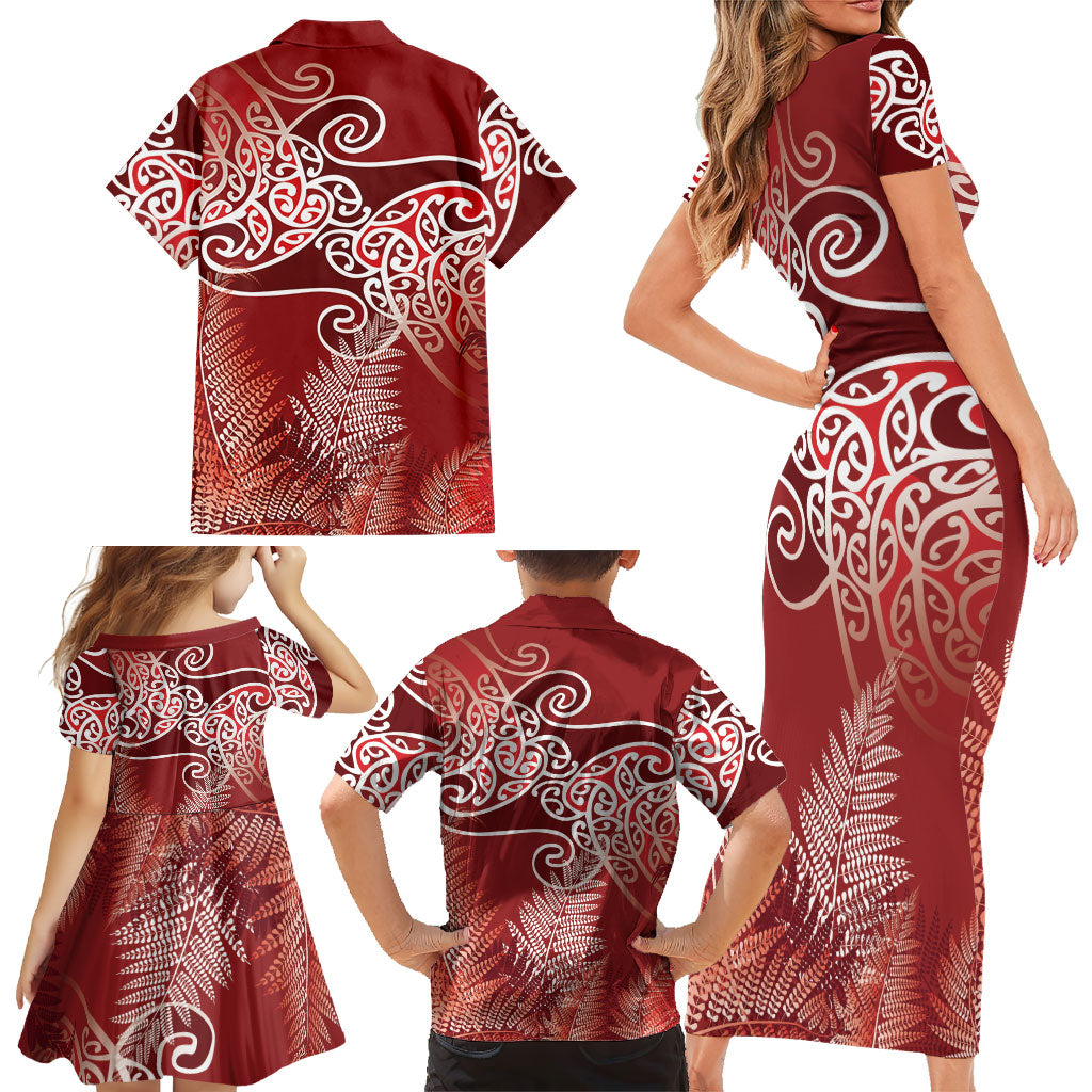 Aotearoa Maori Koru Curves Family Matching Short Sleeve Bodycon Dress and Hawaiian Shirt Silver Ferns - Crimson Red LT7 - Polynesian Pride