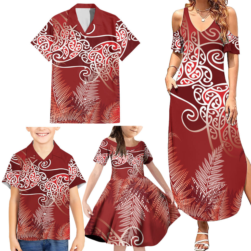 Aotearoa Maori Koru Curves Family Matching Summer Maxi Dress and Hawaiian Shirt Silver Ferns - Crimson Red LT7 - Polynesian Pride