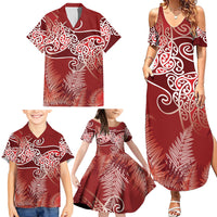 Aotearoa Maori Koru Curves Family Matching Summer Maxi Dress and Hawaiian Shirt Silver Ferns - Crimson Red LT7 - Polynesian Pride