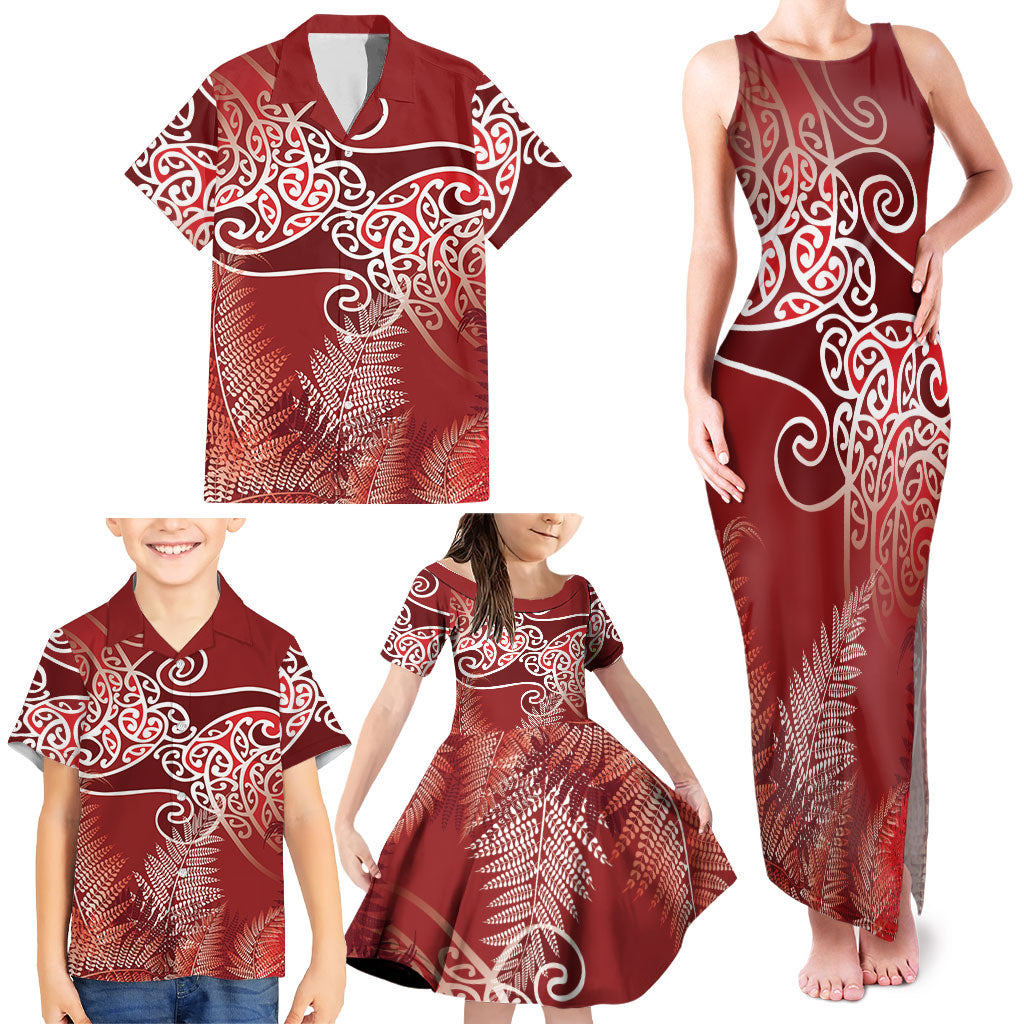 Aotearoa Maori Koru Curves Family Matching Tank Maxi Dress and Hawaiian Shirt Silver Ferns - Crimson Red LT7 - Polynesian Pride