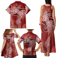 Aotearoa Maori Koru Curves Family Matching Tank Maxi Dress and Hawaiian Shirt Silver Ferns - Crimson Red LT7 - Polynesian Pride