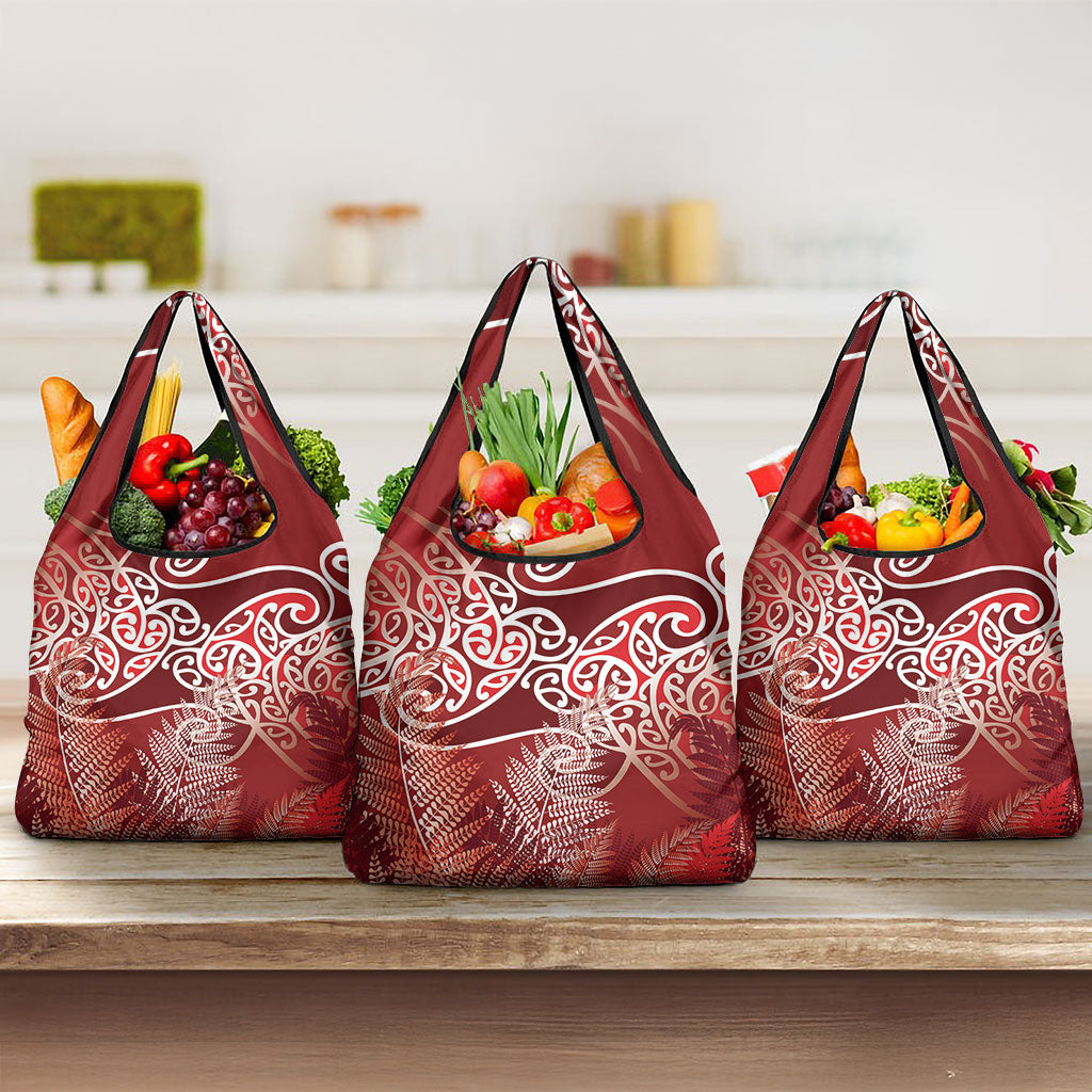 Aotearoa Maori Koru Curves Grocery Bag Silver Ferns - Crimson Red