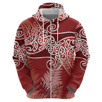 Aotearoa Maori Koru Curves Hoodie Silver Ferns - Crimson Red