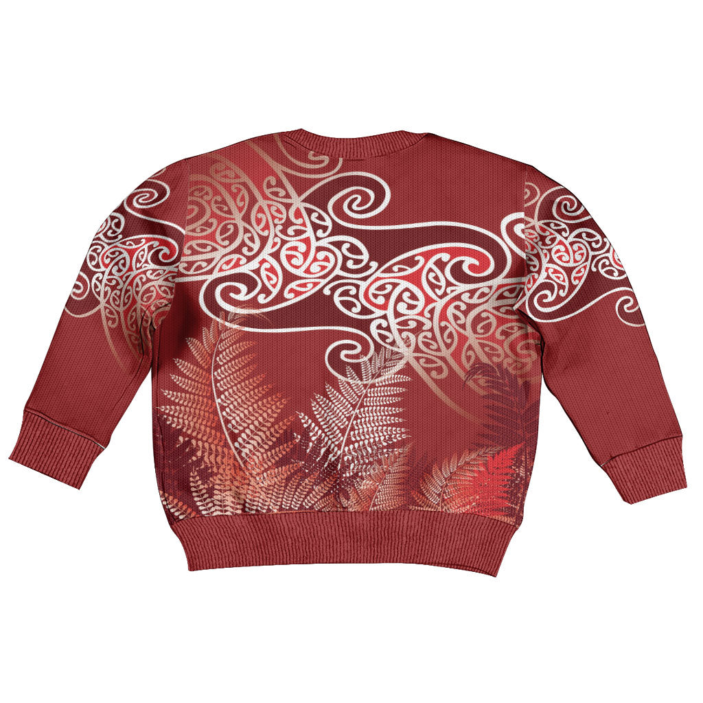 Aotearoa Maori Koru Curves Kid Ugly Christmas Sweater Silver Ferns - Crimson Red LT7 - Polynesian Pride