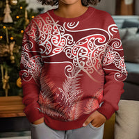 Aotearoa Maori Koru Curves Kid Ugly Christmas Sweater Silver Ferns - Crimson Red LT7 - Polynesian Pride
