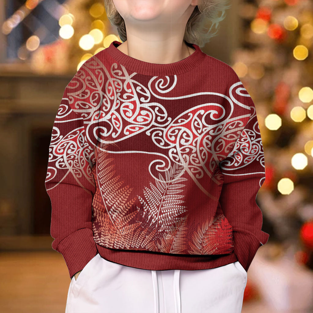 Aotearoa Maori Koru Curves Kid Ugly Christmas Sweater Silver Ferns - Crimson Red LT7 - Polynesian Pride