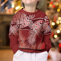 Aotearoa Maori Koru Curves Kid Ugly Christmas Sweater Silver Ferns - Crimson Red LT7 - Polynesian Pride